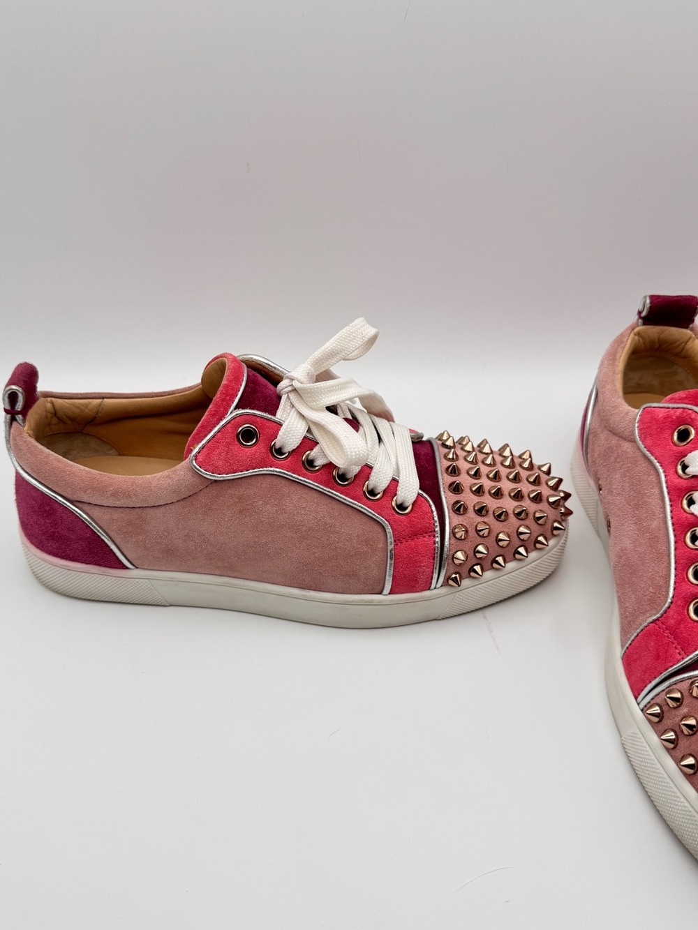 Christian Louboutin Louis Junior Spikes Pink Suede Rose Gold Sneakers size 36